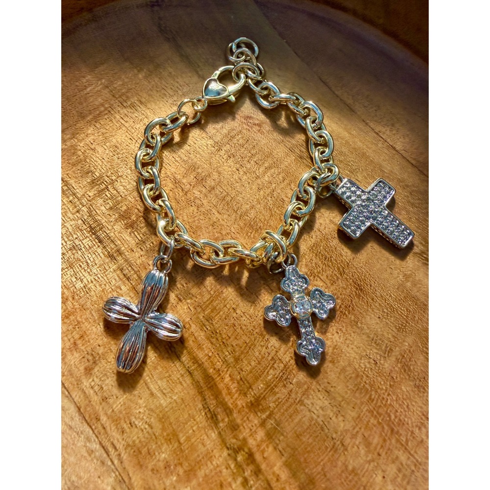 Multi Cross Charm Bracelet Chunky Link Chain Mixed Metal Religious NWOT